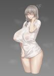  1girl blush breasts closed_eyes clothes_pull covered_nipples cowboy_shot curvy grey_background grey_hair hair_over_shoulder hand_on_own_cheek hand_on_own_face highres huge_breasts long_hair low_tied_hair mature_female see-through shirt shirt_pull smile thighs uzaki-chan_wa_asobitai! uzaki_tsuki wet wet_clothes wet_shirt white_shirt zb_(xucz8527) 