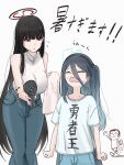  1boy 2girls alternate_costume aris_(blue_archive) avant_garde_(blue_archive) bare_shoulders black_hair blue_archive breasts closed_eyes commentary_request crying doodle_sensei_(blue_archive) flying_sweatdrops hair_between_eyes halo highres large_breasts long_hair multiple_girls nagomu_7_56 open_mouth red_eyes rio_(blue_archive) sensei_(blue_archive) sweatdrop translated 
