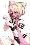  1girl animal_ears bikini black_bikini black_nails blonde_hair breasts diiaphy_alt dog_ears dog_girl dog_tail english_commentary flying_sweatdrops heart heart-shaped_pupils highres hololive hololive_english holonatsu_paradise leash looking_at_viewer mask mococo_abyssgard mococo_abyssgard_(holonatsu_paradise) mouth_mask navel paw_pose pink_streaks small_breasts solo swimsuit symbol-shaped_pupils tail tail_wagging viewer_holding_leash virtual_youtuber 