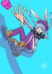  1girl :d animal_ears arm_up black_shirt blue_background blue_hair boots braid brown_boots collared_shirt commentary copyright_request flat_cap full_body grey_shorts hand_on_headwear hat highres hololive kiritoma long_hair pantyhose pantyhose_under_shorts puffy_short_sleeves puffy_sleeves purple_hat purple_pantyhose rabbit_ears shirt shoe_soles short_shorts short_sleeves shorts signature simple_background smile solo twin_braids twintails usada_pekora very_long_hair virtual_youtuber 
