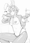  1girl alcohol animal_ears between_breasts breasts collar commentary cup drinking_glass eyewear_on_head fake_animal_ears fake_tail fingerless_gloves fukana_miyu_(kokuya28) glint gloves greyscale heart heart_pasties highres holding holding_cup kokuya_(kokuya28) medium_breasts monochrome necktie necktie_between_breasts original panties pasties rabbit_ears rabbit_tail reverse_bunnysuit reverse_outfit shrug_(clothing) simple_background sitting solo sunglasses symbol-only_commentary tail thighhighs underwear wine wine_glass 