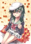  blush cape closed_mouth commentary_request eyepatch food green_hair hair_between_eyes hat kantai_collection kiso_(kantai_collection) looking_at_viewer looking_up miniskirt neckerchief pocky remodel_(kantai_collection) school_uniform serafuku short_hair sitting skirt smile yuihira_asu 