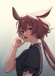  1girl animal_ears ankomon commentary_request fang frilled_sleeves frills hair_tie hand_on_own_cheek hand_on_own_face hand_up lmnd888 long_hair low_ponytail open_mouth ponytail purple_hair red_eyes short_sleeves solo upper_body voicevox 