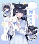  1girl :d absurdres ahoge animal_ear_fluff animal_ears black_hair blue_border blue_bow blue_bowtie blue_skirt blue_sweater_vest blush border borrowed_character bow bowtie cat_ears cat_girl cat_tail chibi chibi_inset collared_shirt commentary_request commission cowboy_shot grey_hoodie hair_bow heart highres holding holding_stuffed_toy hood hood_down hoodie long_hair long_sleeves looking_at_viewer multicolored_hair myon_rio open_clothes open_hoodie open_mouth original outline outside_border purple_eyes purple_hair sample_watermark shirt shoes skeb_commission skirt sleeves_past_fingers sleeves_past_wrists smile socks star_(symbol) streaked_hair stuffed_animal stuffed_cat stuffed_toy sweater_vest tail tail_bow tail_ornament twitter_username two-tone_hair very_long_hair watermark white_background white_bow white_outline white_shirt white_shoes white_socks 