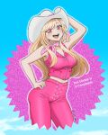  1girl bandana barbie_(character) barbie_(character)_(cosplay) blonde_hair blush breasts cleavage cosplay cowboy_hat english_commentary english_text hand_on_headwear hand_on_hilt hat highres kitagawa_marin large_breasts long_hair looking_at_viewer midriff pants pink_bandaid pink_eyes pink_pants pink_shirt shirt sidelocks smile solo sono_bisque_doll_wa_koi_wo_suru twitter_username yui_(jisatsu) 