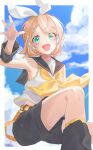 1girl absurdres aqua_eyes arm_up black_leg_warmers black_sailor_collar black_shorts blonde_hair blue_sky border bow cloud cloudy_sky colored_eyelashes facial_mark fang feet_out_of_frame hair_bow hair_ornament hairclip headphones highres kagamine_rin leg_warmers musical_note musical_note_print neckerchief open_mouth parallel_hairclips reaching reaching_towards_viewer sailor_collar shirt short_hair shorts sitting skin_fang sky sleeveless sleeveless_shirt solo star_(symbol) star_facial_mark teeth upper_teeth_only vocaloid white_border white_bow white_shirt yellow_neckerchief yu_nyan_n 