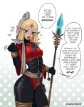  1girl artist_name blonde_hair elbow_gloves eldar english_text facial_mark farseer forehead_jewel gloves heart highres holding holding_staff long_hair looking_at_viewer mage_staff odd_onion pointy_ears polearm pouch solo spear staff warhammer_40k weapon white_background 