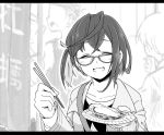  bangs casual chopsticks closed_eyes collarbone crossed_bangs ears food fujinoki_(horonabe-ken) glasses greyscale holding holding_chopsticks holding_plate jacket kantai_collection long_sleeves monochrome multicolored_hair okinami_(kantai_collection) open_mouth plate shirt short_hair solo 