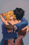  2boys arm_tattoo black_hair blonde_hair blue_coat brothers brown_gloves closed_eyes coat commentary_request gloves grey_background highres hug jolly_roger male_focus multiple_boys one_piece portgas_d._ace sabo_(one_piece) scar scar_on_face shiyuzai short_hair siblings simple_background tattoo topless_male upper_body whitebeard_pirates_jolly_roger 