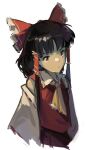  ascot black_hair brown_hair detached_sleeves frilled_vest_collar hair_tubes hakurei_reimu highres kornod looking_at_viewer nontraditional_miko sleeveless touhou upper_body white_background wide_sleeves yellow_ascot 