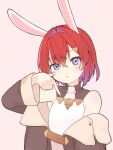  1girl alternate_hair_color ange_katrina ange_katrina_(1st_costume) animal_ears armpit_crease bare_shoulders black_coat blue_eyes blush breasts cheek_poking coat colored_inner_hair colored_tips commentary_request dress gradient_eyes hair_between_eyes hair_ornament hand_up head_tilt highres kemonomimi_mode long_bangs long_sleeves looking_at_viewer multicolored_eyes multicolored_hair nijisanji off_shoulder pink_background pink_eyes pointing pointing_at_breasts pointing_at_self poking pout purple_hair rabbit_ears red_hair short_hair simple_background sleeveless sleeveless_dress small_breasts solo thumb_to_cheek triangle_hair_ornament upper_body virtual_youtuber white_dress yuzuki_(yuduame) 