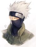  1boy closed_eyes flak_jacket forehead_protector green_jacket grey_hair hatake_kakashi highres jacket konohagakure_shinobi_uniform konohagakure_symbol male_focus mask mouth_mask naruto_(classic) naruto_(series) ninja ninja_mask oomura_saki short_hair simple_background solo spiked_hair upper_body white_background 