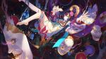  1girl artist_name aura bare_legs barefoot black_background blue_eyes blue_flower brown_eyes brown_hair chihaya_(clothing) commentary criin expressionless eye_trail floating floating_object flower foot_out_of_frame fox_mask hair_flower hair_ornament headpiece highres holding holding_mask japanese_clothes kanzashi kikumon kimono knees_together_feet_apart light_particles light_trail long_sidelocks looking_at_viewer mask menreiki nihongami noh_mask official_art onmyoji outstretched_arm outstretched_hand parted_lips pink_flower print_kimono sakuramon short_kimono sidelocks sleeve_bow soles solo spread_fingers tassel toes unworn_mask white_kimono white_mask wide_sleeves 