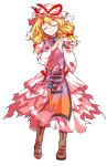  1girl alphes_(style) bandaid beaten blonde_hair boots breasts brown_boots closed_eyes closed_mouth commentary_request dairi defeat dress full_body hat hat_ribbon highres large_variant_set layered_dress mob_cap own_hands_clasped own_hands_together parody ribbon sidelocks solo style_parody tabard tachi-e tearing_up tears torn_clothes torn_dress torn_hat torn_ribbon touhou transparent_background variant_set yakumo_yukari 