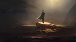  1boy brown_theme cambocreation cape cave facing_viewer floating fog glowing glowing_eyes levitation looking_at_viewer original painterly rock scenery watermark 