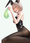  1girl absurdres animal_ears bare_arms bare_shoulders black_bow black_bowtie black_hairband black_leotard blush bow bowtie breasts brown_hair brown_pantyhose collar commentary detached_collar english_commentary green_eyes hair_between_eyes hairband highres holding indie_virtual_youtuber large_breasts leotard medium_hair naplings_(nimi_nightmare) nimi_nightmare open_mouth pantyhose playboy_bunny rabbit_ears satoki strapless strapless_leotard tapir_ears tapir_girl teeth thighs upper_teeth_only virtual_youtuber white_background white_collar 