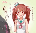  2girls bare_shoulders black_hair brown_eyes brown_hair collarbone commentary_request dark-skinned_female dark_skin dress eighth_note food hair_ornament holding holding_food holding_popsicle kantai_collection libeccio_(kancolle) long_hair mitchell_(dynxcb25) multiple_girls musical_note neckerchief open_mouth popsicle sailor_dress scirocco_(kancolle) short_hair sleeveless sleeveless_dress smile striped_neckerchief surprised translation_request twintails upper_body watermelon_bar white_dress 