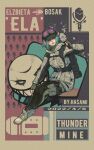  1girl absurdres aqua_eyes aqua_hair artist_name backpack bag baseball_cap black_hat black_leggings brown_background character_name chest_harness dated ear_protection ela_(rainbow_six_siege) explosive fingerless_gloves gloves goggles goggles_on_headwear green_gloves hand_on_own_knee harness hat headphones_over_headwear headset highres holding hood hood_down hooded_jacket hua_ha_jiazi invisible_chair jacket leggings lips long_sleeves mine_(weapon) parted_lips rainbow_six_siege shoes short_hair sitting sneakers solo tactical_clothes teeth two-tone_leggings upper_teeth_only white_jacket 