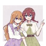  2girls arm_hug belt blue_eyes blush border bow bowtie braid capelet collared_shirt commentary drawn_heart dress emma_verde green_dress green_hairband grey_background hair_between_eyes hairband highres index_finger_raised konoe_kanata lace-trimmed_capelet lace_trim long_hair long_sleeves looking_at_another love_live! love_live!_nijigasaki_high_school_idol_club multiple_girls neck_ribbon ng_pst orange_hair outside_border purple_eyes purple_skirt red_hair ribbon shirt skirt smile suspender_skirt suspenders symbol-only_commentary twin_braids white_border white_shirt 