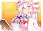  1girl blue_bow book bow crescent crescent_hat_ornament hair_bow hat hat_ornament highres holding holding_book long_hair long_sleeves looking_at_viewer mob_cap orange_background patchouli_knowledge pink_hat pjnk_dress purple_eyes purple_hair red_bow rinka_(qqqrinkappp) solo star_(symbol) touhou traditional_media upper_body 