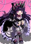 1girl absurdres animal_ears beyaert_alma black_wings blush boots breasts choker cleavage dress emil_chronicle_online frilled_choker frilled_dress frilled_hairband frills frolyflow2 hairband heart heart-shaped_pupils highres horns horse_ears horse_girl large_breasts long_hair neck_ribbon open_mouth purple_boots purple_dress purple_eyes purple_hair purple_hairband purple_thighhighs red_ribbon ribbon striped_clothes striped_thighhighs symbol-shaped_pupils tearing_up thighhighs very_long_hair wings 