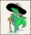 anthro beverage big_butt bulge butt cane clothing coconut coconut_drink demon drupe_(fruit) ear_piercing ear_ring food fruit green_body hat headgear headwear hi_res kings_of_hell male mammon_(kings_of_hell) nondelismell one-piece_swimsuit piercing plant red_eyes ring_piercing sling_bikini solo swimwear top_hat yellow_sclera