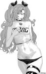  1girl abs breasts female_pubic_hair greyscale lifting_own_clothes mole mole_on_breast mole_under_eye monochrome nicole_demara open_clothes panties pubic_hair revealing_clothes seductive_smile short_twintails small_breasts smile thighs twintails underwear white_background zafuroggu zenless_zone_zero 