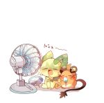  closed_eyes commentary_request dedenne electric_fan food hand_fan highres holding holding_food holding_popsicle hot no_humans open_mouth pokemon pokemon_(creature) popsicle simple_background sprigatito sweat white_background yupo_0322 