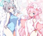  2girls ;d ahoge animal_ear_fluff animal_ears animal_on_head bare_shoulders blue_archive blue_coat blue_dress blue_eyes blue_halo blush breasts china_dress chinese_clothes coat commentary_request covered_navel cowboy_shot cross_hair_ornament double_bun dress extra_ears fang fur-trimmed_coat fur-trimmed_sleeves fur_trim grey_hair hair_bun hair_ornament halo hand_up hoshino_(blue_archive) korean_commentary large_breasts long_hair long_sleeves looking_at_viewer multiple_girls on_head one_eye_closed open_clothes open_coat open_mouth pink_coat pink_hair pink_halo rabbit shiroko_(blue_archive) short_hair skin_fang small_breasts smile subin_(subin_2011) white_dress wolf_ears zoom_layer 