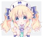  1girl :o bare_shoulders beret blonde_hair blue_eyes blue_necktie blue_sleeves bright_pupils choujigen_game_neptune commentary_request detached_sleeves flat_chest hair_ornament hands_up hat heart heart-shaped_pupils highres histoire long_hair looking_at_viewer necktie neptune_(series) open_mouth portrait shirt sidelocks sleeveless sleeveless_shirt solo symbol-shaped_pupils tinzing_saamzong twintails white_hat white_pupils white_shirt 
