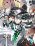  1boy 5girls adam_(stellar_blade) black_hair bodysuit breasts brown_hair can crossover doro_(nikke) eve_(stellar_blade) fune_(fune83ojj) goddess_of_victory:_nikke hat highres holding holding_can holding_sword holding_weapon large_breasts lily_artemis_ii_(stellar_blade) long_hair military_hat military_uniform multiple_girls non-humanoid_robot pink_hair ponytail rapi_(nikke) robot robot_animal robot_dog scarlet_(nikke) shift_up short_hair stellar_blade sword very_long_hair volt_(nikke) weapon white_hair 