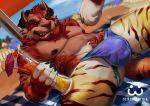  2018 anthro beach beverage black_nipples black_sclera bulge chest_tuft claws clothed clothing detailed_background digital_drawing_(artwork) digital_media_(artwork) feline fluffy fur hi_res horn hybrid jockstrap koorivlf_tycoon male mammal nipples orange_fur procyonid raccoon red_fur seaside skrawl smile smirk solo striped_fur stripes swimming_trunks swimsuit teeth tiger topless tuft underwear white_belly white_fur 