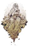  1girl 6cheetah blindfold breasts capelet cloak closed_mouth covered_eyes dark_souls_(series) dark_souls_iii dress eye_mask fire_keeper highres jewelry long_hair mask monochrome necklace simple_background solo 