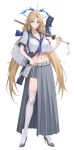  1girl absurdres alternate_costume bag belt blonde_hair blue_eyes blue_neckerchief breasts cleavage clipboard closed_mouth collarbone commentary crop_top crop_top_overhang cropped_shirt crown_of_thorns cryturtle earrings fleurdelys_(wuthering_waves) floating_earrings full_body grey_sailor_collar grey_shoes grey_skirt hair_ornament hairclip high_heels highres holding holding_sword holding_weapon horns jewelry large_breasts light_smile long_hair long_horns long_skirt looking_at_viewer midriff navel neckerchief over_shoulder parted_bangs pointy_ears pornography revision sailor_collar school_uniform serafuku shinai shirt shoes short_sleeves shoulder_bag sidelocks simple_background single_horn skirt solo standing sword sword_over_shoulder symbol-only_commentary tacet_mark_(wuthering_waves) thighhighs thighs very_long_hair weapon weapon_bag weapon_over_shoulder white_background white_belt white_shirt white_thighhighs wuthering_waves yellow_horns 