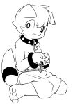  2015 anthro barefoot bound canine clothed clothing collar cub digital_media_(artwork) dog front_view greyscale hands_tied harness looking_away male mammal manmosu_marimo monochrome nervous nipples skirt slave_pup_(marimo) solo submissive submissive_male topless young 