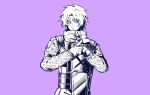  1boy armor bags_under_eyes closed_mouth crossed_fingers gloves heathcliff_(project_moon) highres jacket kageyamakira limbus_company long_sleeves looking_at_viewer monochrome n_corp._fanatic_(identity)_(project_moon) project_moon purple_theme scar scar_on_face simple_background solo venom_(vocaloid) 