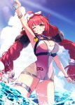  1girl absurdres blue_sky bow bracelet breasts cleavage cloud commentary eyewear_on_head green_eyes grin hair_bow hair_ornament heart heart-shaped_eyewear highres holding holding_water_gun jewelry kaiju_ryoku light_rays long_hair looking_at_viewer ocean official_alternate_costume one_eye_closed outdoors red_hair sky smile solo standing sunlight swimsuit ukinami_yuzuha ukinami_yuzuha_(tanuki_in_broad_daylight) wading water_gun white_bow zenless_zone_zero 