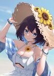  1girl absurdres black_hair blue_eyes blue_hair blue_scarf bracelet breasts cleavage derivative_work dress flower flower_necklace hand_on_headwear hat highres honkai_(series) honkai_impact_3rd inori_mai jewelry looking_at_viewer ocean outdoors scarf seele_vollerei short_hair smile solo straw_hat sundress sunflower white_dress 