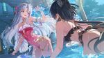  2girls absurdres alternate_costume aqua_eyes ass bare_shoulders bikini black_bikini black_bow black_hair blush bow breasts camunekoz carlotta_(splashing_summer)_(wuthering_waves) carlotta_(wuthering_waves) casual_one-piece_swimsuit commentary_request cutout_above_navel female_rover_(wuthering_waves) frilled_one-piece_swimsuit frills grey_hair hair_bow hand_up highleg highleg_one-piece_swimsuit highres jewelry leaning_forward long_hair looking_at_another low_ponytail medium_breasts multiple_girls necklace official_alternate_costume one-piece_swimsuit one_eye_closed open_mouth outdoors parted_bangs pink_bow pink_one-piece_swimsuit ponytail rover_(wuthering_waves) shoulder_blades smile splashing striped_bow swimsuit thighs very_long_hair wading wet wuthering_waves 