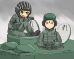 angry bangs binoculars black_footwear black_gloves black_hat blush boots commentary_request frown girls_und_panzer gloves green_hat green_jacket green_pants ground_vehicle hat holding jacket katyusha long_hair long_sleeves looking_at_viewer military military_uniform military_vehicle motor_vehicle multiple_girls nonna pants pointing pointing_at_viewer russia short_hair t-34-85 tank tank_helmet uniform uona_telepin v-shaped_eyebrows 