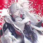  1girl arknights ascot blood blood_splatter blurry chromatic_aberration expressionless gladiia_(arknights) hair_over_one_eye highres long_hair looking_at_viewer one_eye_covered pointy_ears red_eyes solo tongxi65938_(mo_zuoren) white_ascot white_hair 