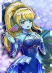  1girl :d absurdres blonde_hair blue_bridal_gauntlets blue_dress blurry blurry_background border breasts cleavage commentary detached_sleeves dragon_quest dragon_quest_x dress fins fish_girl fishnet_sleeves fishnets flower gem hair_flower hair_ornament hand_on_own_chest head_fins highres linache_(dq10) looking_to_the_side monster_girl moyapippi open_mouth orange_eyes pink_flower pink_nails ponytail red_gemstone smile solo sparkle upper_body white_border 