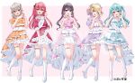  5girls alternate_costume black_bow black_hair blonde_hair blue_choker blue_dress blue_eyes blue_hair boots bow braid cat_o-ring choker collarbone collared_dress colored_inner_hair commentary_request double-parted_bangs dress earrings fang frilled_dress frills green_eyes grey_hair hair_bow hair_ornament hair_ribbon hairclip hairpin hamico heart heart_hands heart_o-ring heart_ornament highres idol_clothes iris_black_games jewelry kaga_nazuna komori_met kurumi_noah layered_dress long_hair low_twintails lupinus_virtual_games medium_hair multicolored_hair multiple_girls nekota_tsuna o-ring o-ring_thigh_strap one_side_up open_mouth orange_choker orange_dress orange_eyes own_hands_together pink_bow pink_choker pink_dress pink_eyes pink_ribbon pointy_hair puffy_short_sleeves puffy_sleeves purple_choker purple_dress red_choker red_dress red_hair ribbon sample_watermark shiranami_ramune short_sleeves sidelocks simple_background standing star_o-ring star_ornament thigh_strap tiara twintails two-tone_hair two_side_up virtual_youtuber vspo! watermark white_boots 