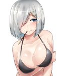  absurdres arm_under_breasts bikini black_bikini blue_eyes blush breasts cleavage collarbone embarrassed food hair_ornament hair_over_one_eye hairclip hamakaze_(kantai_collection) highres kantai_collection kiritto large_breasts looking_at_viewer pocky pocky_day shiny shiny_hair short_hair silver_hair simple_background solo sweatdrop swimsuit upper_body white_background 