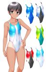  1girl absurdres ben-day_dots black_hair black_one-piece_swimsuit blue_eyes blue_one-piece_swimsuit breasts clothes_writing color_variation competition_swimsuit covered_navel dark-skinned_female dark_skin feet_out_of_frame green_one-piece_swimsuit hand_on_own_hip highleg highleg_one-piece_swimsuit highres multicolored_swimsuit one-piece_swimsuit one-piece_tan original screentones short_hair simple_background small_breasts solo swimsuit takafumi tan tanlines variant_set white_background white_one-piece_swimsuit 