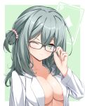  1girl ;) absurdres adjusting_eyewear aqua_eyes aqua_hair areola_slip beads black-framed_eyewear bow breasts cleavage closed_mouth coat collarbone commentary_request cowlick double-parted_bangs eyelashes glasses green_background hair_beads hair_between_eyes hair_ornament hand_up highres lab_coat large_breasts long_hair long_sleeves looking_at_viewer naked_coat naked_lab_coat one_eye_closed one_side_up open_clothes open_coat outside_border riddle_joker shikibe_mayu simple_background smile solo split_mouth tokiyanagi upper_body v-shaped_eyebrows white_bow wide_sleeves 