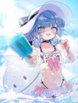  1girl alternate_costume ball beachball bikini black_bikini black_choker blue_eyes blue_hair blue_nails blush choker commentary_request cowboy_shot crop_top day double_bun dual_wielding fangs flat_chest food foreshortening hair_bun hair_ornament hand_up hat highres holding holding_food holding_popsicle hololive hololive_dev_is incoming_food lens_flare light_rays long_hair looking_at_viewer microskirt mizumiya_su multicolored_hair multicolored_nails nail_polish navel nishi_ao o-ring o-ring_choker ocean off-shoulder_shirt off_shoulder open_mouth outdoors outstretched_arm pink_hair pink_nails pleated_skirt popsicle see-through_clothes see-through_shirt shirt signature skirt smile solo standing starfish_hair_ornament streaked_hair string_bikini sun_hat sunbeam sunlight swimsuit two-tone_nails very_long_fingernails virtual_youtuber wading water water_drop wet wet_clothes wet_shirt white_hat white_skirt 