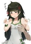  anger_vein bangs bare_shoulders black_hair blush breast_grab breasts commentary_request dress grabbing green_eyes hands_up hiyajou_maho long_hair meth_(emethmeth) motion_lines open_mouth print_dress signature simple_background small_breasts solo_focus star star_print steins;gate steins;gate_0 sweat thick_eyebrows translation_request very_long_hair wavy_mouth white_background white_dress wristband 
