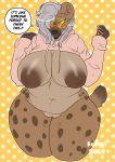  2018 ? anthro belly big_breasts black_nose bottomless breasts brown_nipples claws clothed clothing dialogue digital_media_(artwork) ear_piercing english_text eyewear ezukapizumu female glasses hair hi_res huge_breasts huge_thighs hyena ineffective_clothing looking_at_viewer mammal meme navel nipples overweight overweight_female piercing pussy silver_(ezukapizumu) simple_background slightly_chubby solo speech_bubble spotted_hyena standing sunglasses text thick_thighs twitter_hoodie voluptuous wide_hips 