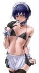  1boy absurdres alternate_costume apron black_gloves blunt_ends blush closed_mouth collarbone cowboy_shot crossdressing crossdressing_(mtf) enmaided genshin_impact gloves hair_between_eyes harris_hero highres looking_at_viewer maid maid_apron maid_headdress male_focus male_maid navel purple_hair scaramouche_(genshin_impact) simple_background single_glove solo thighhighs thighs white_background 